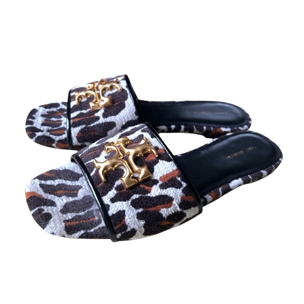 TORY BURCH ELEANOR Leather Leopard Print Gold Medallion Slide Sandals Size 8 - Picture 9 of 16